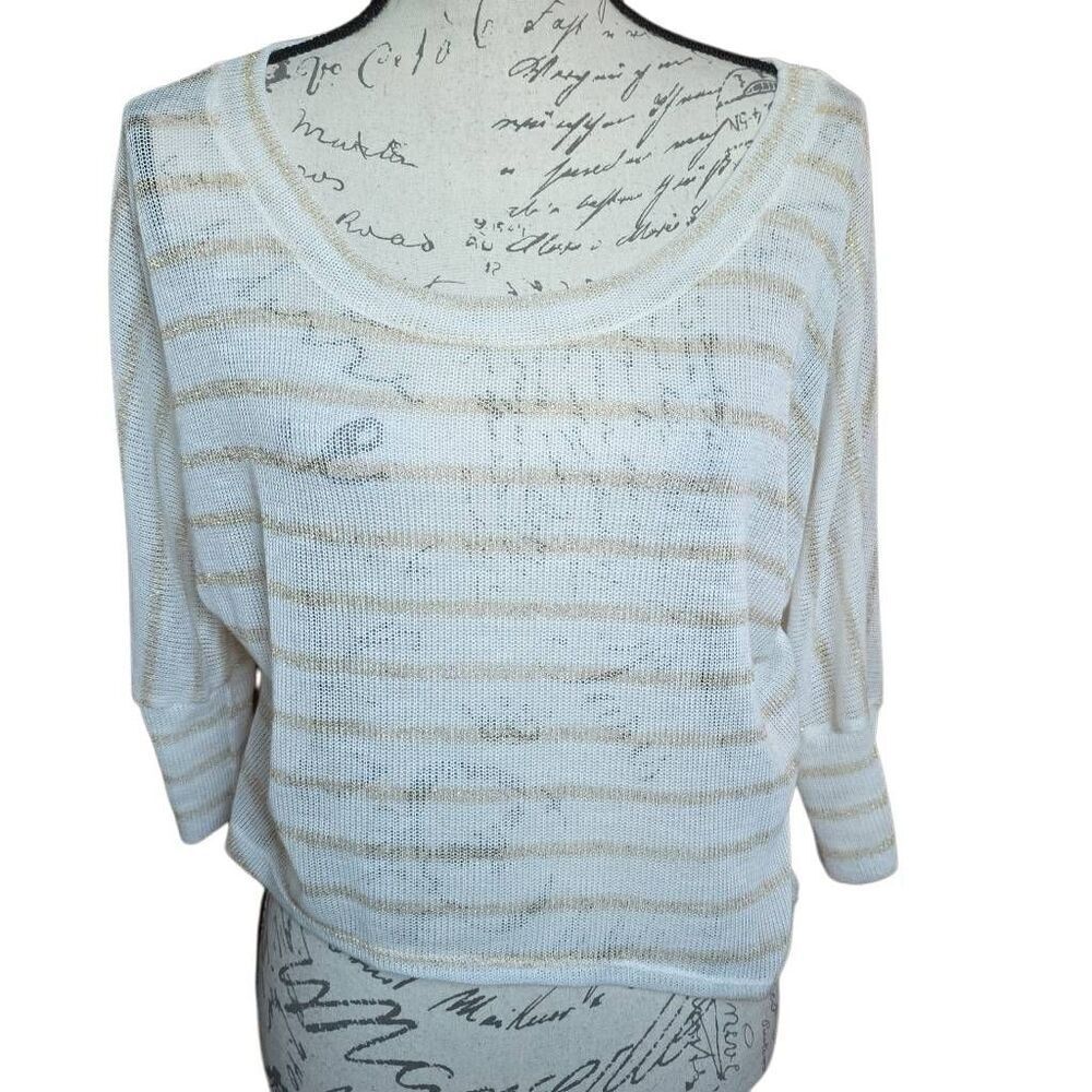 Kirra Women's Size Large White Gold Stripe Knit Sheer 3l4 Sleeve Sweater